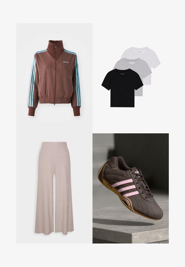 Braune Zip-Jacke mit strukturiertem Rippdesign, die türkise Akzente mit drei Streifen an den Schultern und Ärmeln aufweist, sowie ein gesticktes Logo.; Set aus drei kurzärmeligen T-Shirts in Schwarz, Grau und Weiß. Hergestellt aus Baumwolle, mit Rundhalsausschnitt und einem einfachen, einfarbigen Design.; Hellgraue, weit geschnittene Hose aus weichem, geripptem Stoff, mit hohem Bund und langen Beinen, die eine subtile Textur aufweisen.; Braune Wildleder-Sportschuhe mit pinken Streifen und Logo, featuring eine strukturierte Oberseite, Schnürung und einer Sohle aus Gummi.