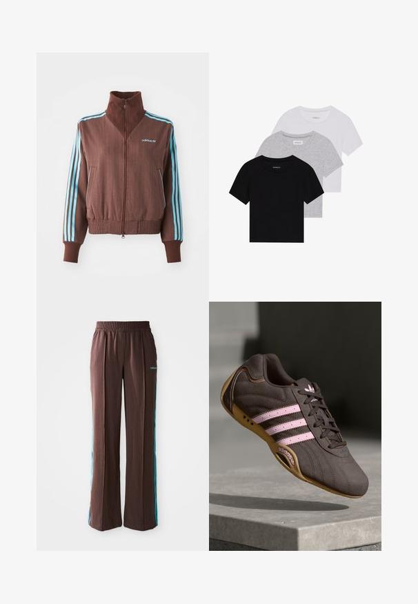 Pruun tõmblukk-jakk ribatud tekstuuriga, millel on türkiissinised kolmeribade aksessuaalid õlgadel ja varrukatel ning brodeeritud logo.; Kollektsioon kolm lühikese varrukaga T-särki mustas, hallis ja valges värvitoonis. Valmistatud puuvillast, ümmarguse kaelusega ja lihtsa, ühevärvilise disainiga.; Pruunid spordipüksid, millel on soonikkoes, elastne vöökoht ja türkiissinised külje triibud. Esiosas on adidas logo.; Pruunist nahast sportlik king, millel on roosa triip ja logo, tekstureeritud ülemine osa, paeltesulgur ning kummist tallad.