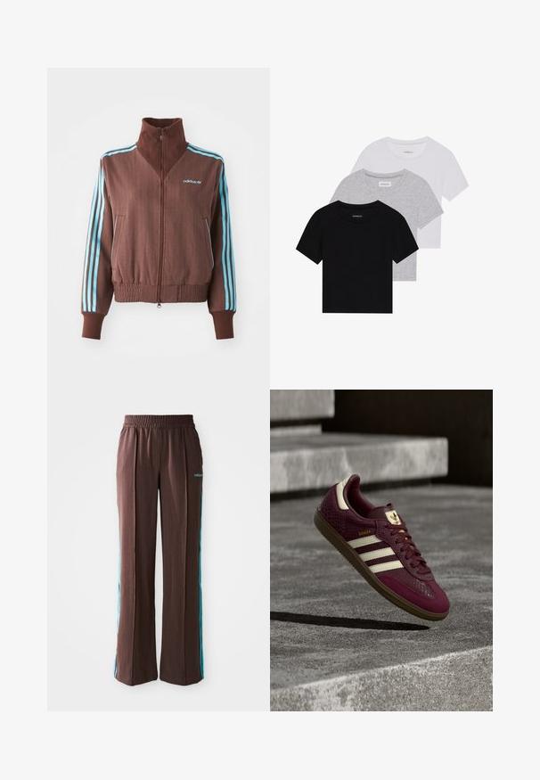 Casaco castanho com fecho éclair e textura canelada, apresentando detalhes em turquesa com três riscas nos ombros e mangas, além de um logótipo bordado.; Conjunto de três t-shirts de manga curta nas cores preto, cinza e branco. Feitas em algodão, com gola redonda e um design simples, em cores sólidas.; Calças atléticas castanhas com uma textura canelada, cintura elástica e riscas laterais turquesa. Apresentam o logo da adidas na frente.; Ténis em cor bordô com couro texturizado, três riscas brancas e detalhes dourados. Sola de borracha, design clássico Samba e detalhes em malha respirável.