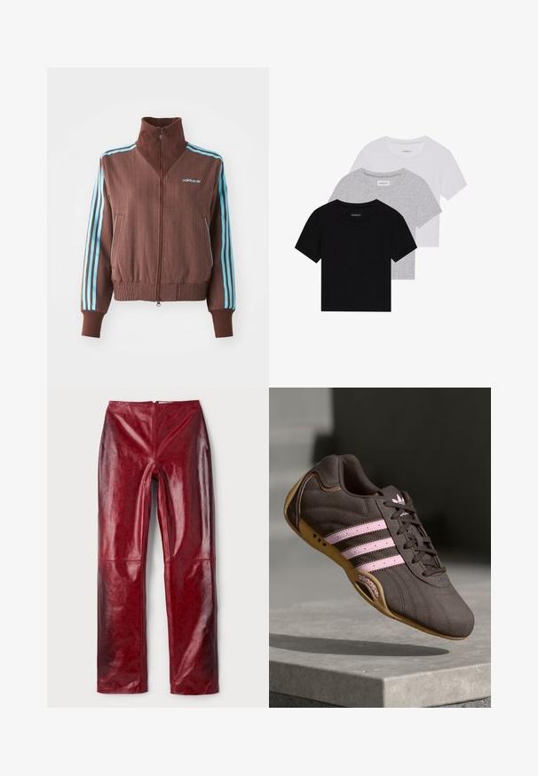 Smeđa jakna na zip s rebrastom teksturom, koja ima tirkizne trostruke akcentne pruge na ramenima i rukavima, te izvezeni logo.; Set od tri majice kratkih rukava u crnoj, sivoj i bijeloj boji. Izrađene od pamuka, s okruglim izrezom i jednostavnim, jednobojnim dizajnom.; Crvene hlače od umjetne kože s sjajnom završnom obradom, s suptilnim reljefnim uzorkom, ravnog kroja i zatvaranjem na zipu straga.; Smeđi suedeski atletski tenisice s ružičastim prugama i logotipom, s teksturiranim gornjim dijelom, vezanjem na vezice i gumiranim potplatom.