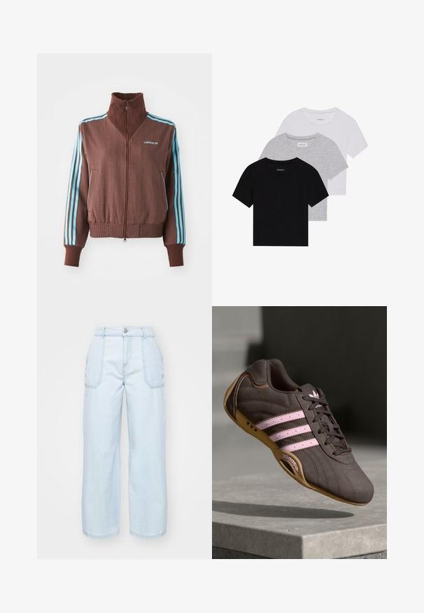 Barna cipzáras dzseki bordázott textúrával, türkiz színű háromcsíkos díszítéssel a vállakon és ujjakon, valamint hímzett logóval.; Három rövidujjú póló készlet fekete, szürke és fehér színben. Pamutból készült, kerek nyakú, egyszerű, egyszínű dizájnnal.; Világoskék, bőszárú farmernadrág, elöl gombos záródással, két oldalsó zsebbel és látható varrási részletekkel.; Barna velúr sportcipő rózsaszín csíkokkal és logóval, texturált felsőrésszel, fűzős záródással és gumi talppal.