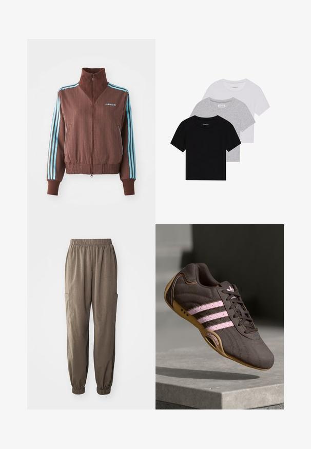 Hnedá zipsová bunda s rebrovanou textúrou, s tyrkysovými trojpruhovými akcentmi na pleciach a rukávoch, a vyšitým logom.; Sada troch tričiek s krátkym rukávom v čiernej, šedej a bielej farbe. Vyrobené z bavlny, s okrúhlym výstrihom a jednoduchým, jednofarebným dizajnom.; Voľné cargo nohavice z hnedého materiálu, s elastickým pásom, zhrnutými manžetami a bočnými vreckami pre funkčnosť.; Hnedé semišové športové topánky s ružovými pruhmi a logom, s textúrovaným vrchom, šnurovaním a gumovou podrážkou.