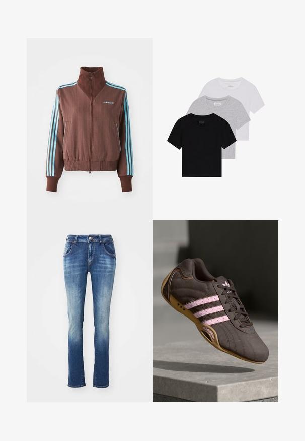 Smeđa jakna na zip s rebrastom teksturom, koja ima tirkizne trostruke akcentne pruge na ramenima i rukavima, te izvezeni logo.; Set od tri majice kratkih rukava u crnoj, sivoj i bijeloj boji. Izrađene od pamuka, s okruglim izrezom i jednostavnim, jednobojnim dizajnom.; Traperice u srednje plavoj do svijetloplavoj gradaciji. Imaju klasičan dizajn s pet džepova, petlje za remen i kopčanje na dugme.; Smeđi suedeski atletski tenisice s ružičastim prugama i logotipom, s teksturiranim gornjim dijelom, vezanjem na vezice i gumiranim potplatom.