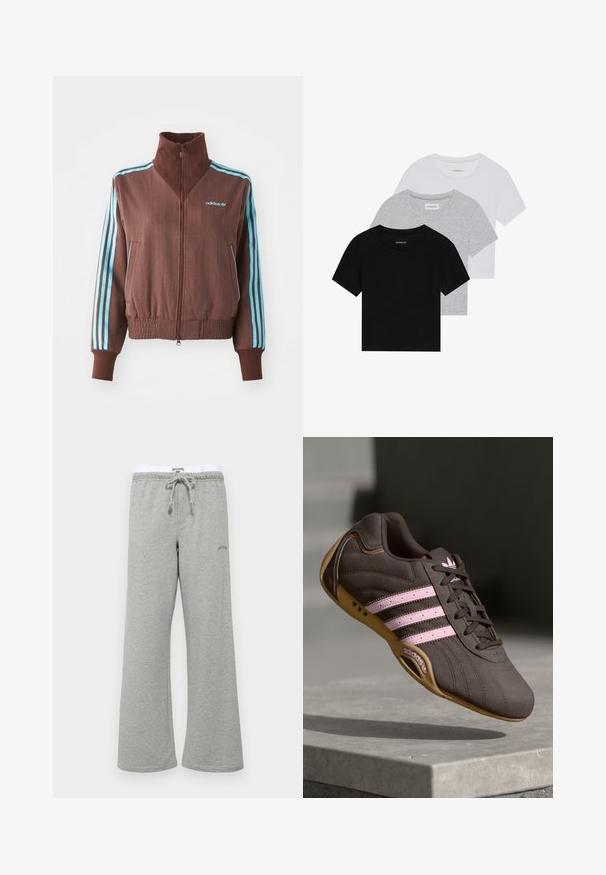 Rjava zadrgo jakna z rebrastim teksturo, ki ima turkizne tri črte na ramenskem in rokavskem delu ter vezeno logo.; Komplet treh majic s kratkimi rokavi v črni, sivi in beli barvi. Izdelane iz bombaža, z okroglim izrezom in preprostim, enobarvnim dizajnom.; BDG Urban Outfitters WIDE LEG JOGGER - Spodnji deli trenirk - grey marl; Rjave semiš tene za šport z rožnatimi črtami in logotipom, ki imajo teksturirano zgornji del, vezalke in podplat iz gume.