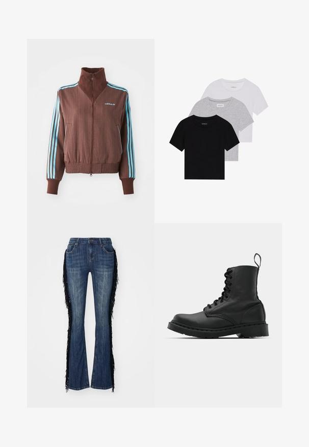Brūns jaku ar pievilkšanas rāvējslēdzēju, ar ribu tekstūru, kam ir tirkīza trīs svītru akcenti uz pleciem un piedurknēm, kā arī izšūta logo.; Trīs īsām piedurknēm T-krekli melnā, pelēkā un baltā krāsā. Izgatavoti no kokvilnas, ar apaļu kakla izgriezumu un vienkāršu, viendabīgu krāsas dizainu.; Jaded London DARK WASH FRINGE COOPER - Bootcut piegriezuma džinsi - denim; Melnas ādas kaujas zābaki ar apaļu purngalu, auklām priekšā un cilpu potītes daļā. Iespējojums ir biezs gumijas zolei, kas nodrošina izturību.