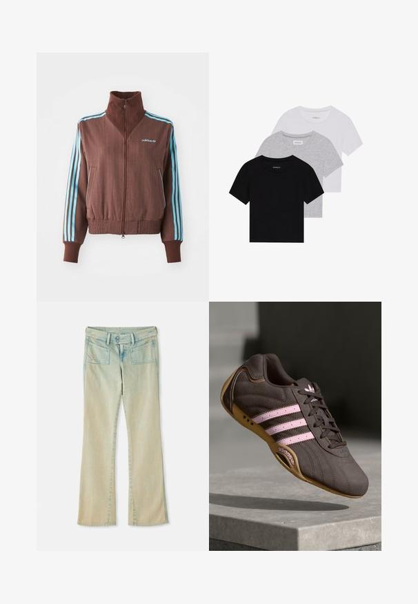 Veste zippée marron avec une texture côtelée, présentant des accents turquoise à trois rayures sur les épaules et les manches, ainsi qu'un logo brodé.; Ensemble de trois t-shirts à manches courtes en noir, gris et blanc. Fabriqués en coton, avec un col rond et un design simple de couleur unie.; Jean flare en denim bleu clair avec une finition délavée, présentant des passants de ceinture, deux poches avant et deux poches arrière avec des accents de couture.; Chaussure de sport en suède brun avec des rayures et un logo roses, dotée d'un dessus texturé, de lacets et d'une semelle en caoutchouc beige.