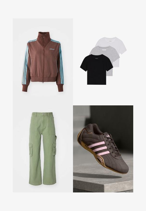 Bruine zip-up jas met een geribbelde textuur, voorzien van turquoise drie-strepen accenten op de schouders en mouwen, en een geborduurd logo.; Set van drie korte mouwen t-shirts in zwart, grijs en wit. Gemaakt van katoen, met een ronde hals en een eenvoudig, effen kleurontwerp.; Groene katoenen cargobroek met een rechte pijp, voorzien van twee grote zijzakken en een knoopsluiting op de taille. Gestructureerde stof.; Bruine suède sport schoen met roze strepen en logo, voorzien van een gestructureerde bovenkant, vetersluiting en een gumrubberen zool.