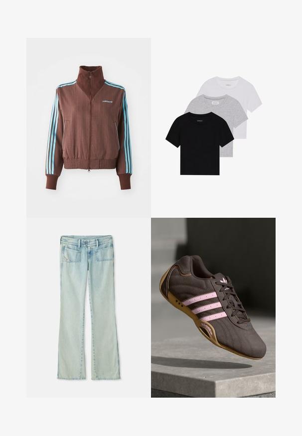 Brown zip-up jacket with a ribbed texture, featuring turquoise three-stripe accents on shoulders and sleeves, and an embroidered logo.; Set of three short-sleeve t-shirts in black, gray, and white. Made from cotton, featuring a crew neck and a simple, solid color design.; Light blue jeans made of denim, featuring a straight leg design, two front pockets, and two back pockets. Faded texture throughout.; Brown suede athletic shoe with pink stripes and logo, featuring a textured upper, lace closure, and a gum rubber sole.