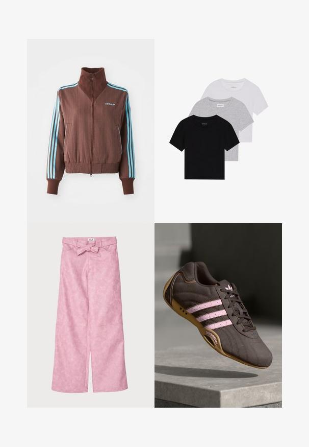 Smeđa jakna na zip s rebrastom teksturom, koja ima tirkizne trostruke akcentne pruge na ramenima i rukavima, te izvezeni logo.; Set od tri majice kratkih rukava u crnoj, sivoj i bijeloj boji. Izrađene od pamuka, s okruglim izrezom i jednostavnim, jednobojnim dizajnom.; Roze široke hlače s glatkom, teksturiranom završnom obradom. Imaju pojas sa remenom i prednje proreze na rubu.; Smeđi suedeski atletski tenisice s ružičastim prugama i logotipom, s teksturiranim gornjim dijelom, vezanjem na vezice i gumiranim potplatom.