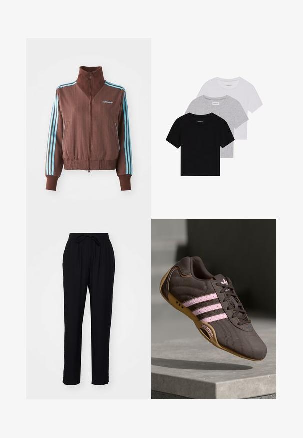 Brūns jaku ar pievilkšanas rāvējslēdzēju, ar ribu tekstūru, kam ir tirkīza trīs svītru akcenti uz pleciem un piedurknēm, kā arī izšūta logo.; Trīs īsām piedurknēm T-krekli melnā, pelēkā un baltā krāsā. Izgatavoti no kokvilnas, ar apaļu kakla izgriezumu un vienkāršu, viendabīgu krāsas dizainu.; Melni bikses ar brīvu piegriezumu, elastīgu jostasvietu un auklu. Izgatavotas no viegla auduma, ar taisnām kājām un bez kabatām.; Brūni zamšādas sporta apavi ar rozā svītrām un logo, ar teksturētu virsmu, šņorēšanas aizdari un gumijas zoli.