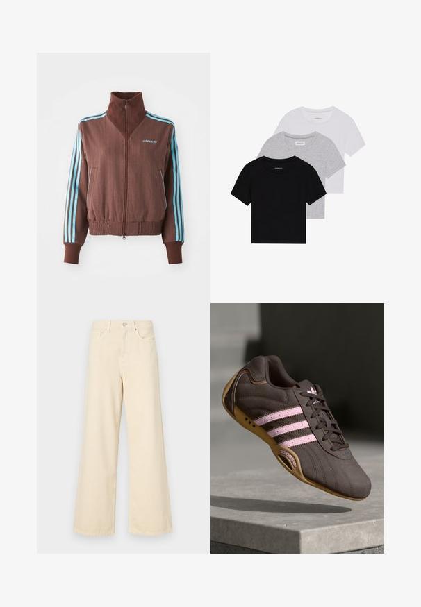 Jachetă maro cu fermoar, cu o textură nervurată, având accente turquoise cu trei dungi pe umeri și mâneci, și un logo brodat.; Set de trei tricouri cu mâneci scurte, în negru, gri și alb. Fabricate din bumbac, cu guler rotund și un design simplu, de culoare uniformă.; Blugi bej cu croi larg, din bumbac. Au închidere cu nasture, bucle pentru curea și buzunare frontale, cu o textură netedă și moale.; Pantofii sport din nubuc maro cu dungi și logo roz, având un material superior texturat, închidere cu șireturi și o talpă din cauciuc gumos.
