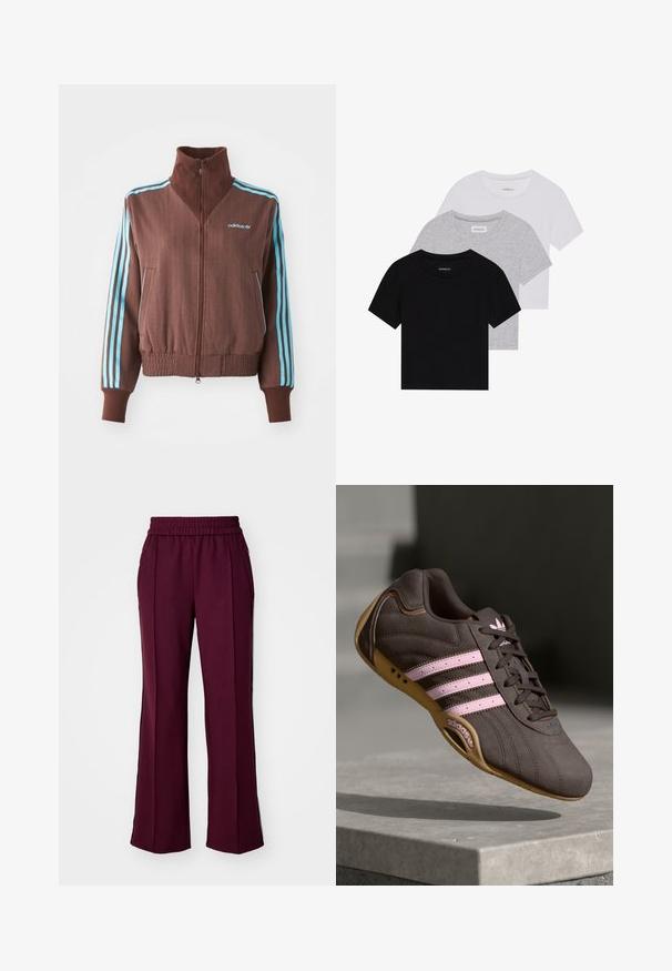 Hnědá zipová bunda s ribovanou strukturou, s tyrkysovými třemi pruhy na ramenech a rukávech a vyšitým logem.; Sada tří triček s krátkým rukávem v černé, šedé a bílé barvě. Vyrobena z bavlny, s kulatým výstřihem a jednoduchým jednobarevným designem.; Bordové kalhoty s širokými nohavicemi, elastickým pasem, bočními kapsami a kontrastními černými pruhy po stranách. Hladká látka s mírným leskem.; Hnědé semišové sportovní boty s růžovými pruhy a logem, s texturovaným svrškem, šněrováním a gumovou podrážkou.