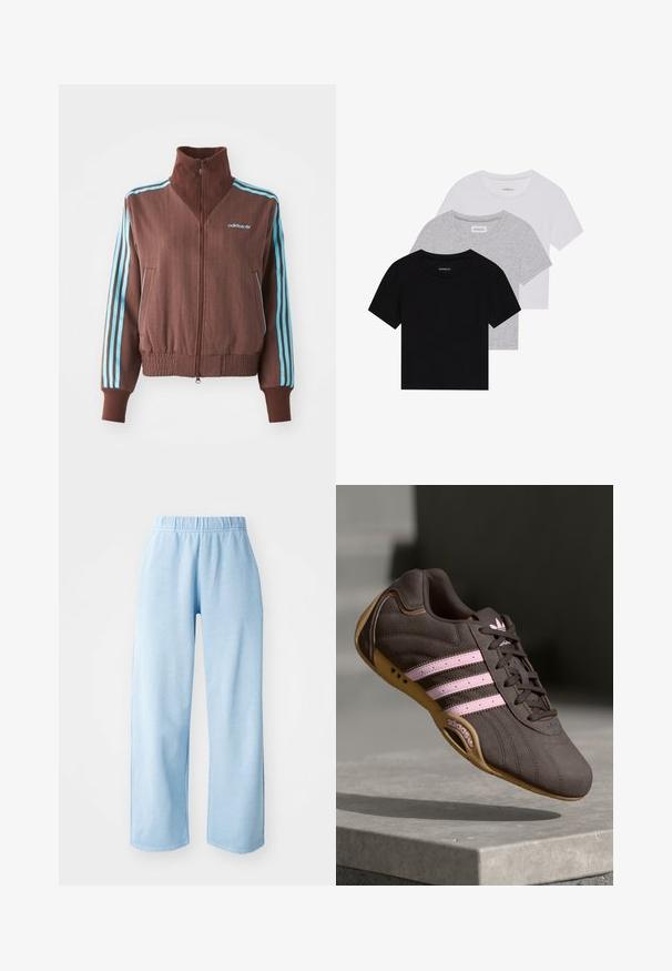 Hnědá zipová bunda s ribovanou strukturou, s tyrkysovými třemi pruhy na ramenech a rukávech a vyšitým logem.; Sada tří triček s krátkým rukávem v černé, šedé a bílé barvě. Vyrobena z bavlny, s kulatým výstřihem a jednoduchým jednobarevným designem.; Světle modré kalhoty s širokými nohavicemi a elastickým pasem. Vyrobené z měkké látky, s hladkým povrchem a bez viditelných vzorů či akcentů.; Hnědé semišové sportovní boty s růžovými pruhy a logem, s texturovaným svrškem, šněrováním a gumovou podrážkou.