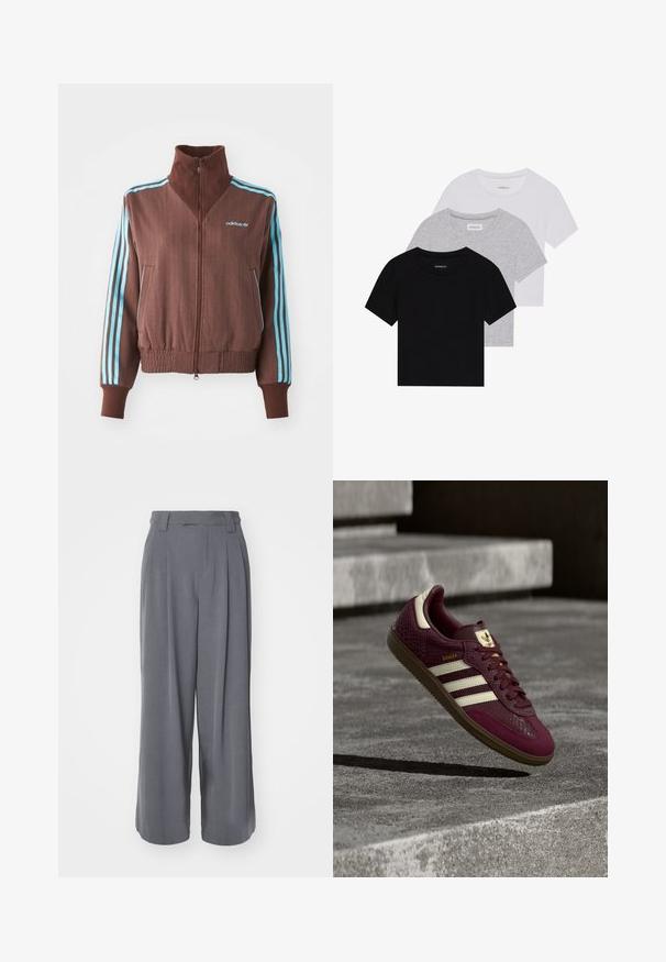 Smeđa jakna na zip s rebrastom teksturom, koja ima tirkizne trostruke akcentne pruge na ramenima i rukavima, te izvezeni logo.; Set od tri majice kratkih rukava u crnoj, sivoj i bijeloj boji. Izrađene od pamuka, s okruglim izrezom i jednostavnim, jednobojnim dizajnom.; Sive široke hlače od glatkog materijala, s visokim strukom, nabranim detaljima i krojem po mjeri, bez vidljivih uzoraka ili ukrasa.; Bordo tenisica od teksturirane kože, s tri bijele pruge i zlatnim detaljima. Gumeni potplat, klasični Samba dizajn i detalji od prozračnog mrežastog materijala.