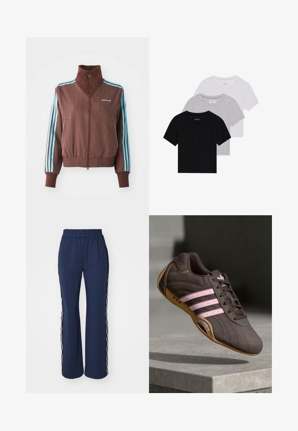 Braune Zip-Jacke mit strukturiertem Rippdesign, die türkise Akzente mit drei Streifen an den Schultern und Ärmeln aufweist, sowie ein gesticktes Logo.; Set aus drei kurzärmeligen T-Shirts in Schwarz, Grau und Weiß. Hergestellt aus Baumwolle, mit Rundhalsausschnitt und einem einfachen, einfarbigen Design.; ONLY ONLWARM UP TRACK PANT - Jogginghose - navy blazer/whitecap/gray; Braune Wildleder-Sportschuhe mit pinken Streifen und Logo, featuring eine strukturierte Oberseite, Schnürung und einer Sohle aus Gummi.