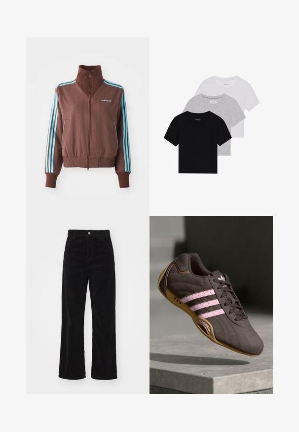 Brown zip-up jacket with a ribbed texture, featuring turquoise three-stripe accents on shoulders and sleeves, and an embroidered logo.; Set of three short-sleeve t-shirts in black, gray, and white. Made from cotton, featuring a crew neck and a simple, solid color design.; Black corduroy wide-leg pants with a high waist, featuring a front button and zipper closure, and vertical ribbed texture throughout.; Brown suede athletic shoe with pink stripes and logo, featuring a textured upper, lace closure, and a gum rubber sole.