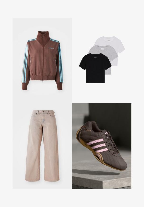 Smeđa jakna na zip s rebrastom teksturom, koja ima tirkizne trostruke akcentne pruge na ramenima i rukavima, te izvezeni logo.; Set od tri majice kratkih rukava u crnoj, sivoj i bijeloj boji. Izrađene od pamuka, s okruglim izrezom i jednostavnim, jednobojnim dizajnom.; Bež traperice s širokim nogavicama, visokim strukom, pet džepovima i kopčanjem na dugme. Tkanina ima mekanu teksturu i blago izblijedjenje sprijeda.; Smeđi suedeski atletski tenisice s ružičastim prugama i logotipom, s teksturiranim gornjim dijelom, vezanjem na vezice i gumiranim potplatom.