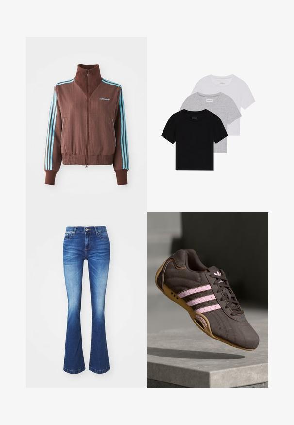Veste zippée marron avec une texture côtelée, présentant des accents turquoise à trois rayures sur les épaules et les manches, ainsi qu'un logo brodé.; Ensemble de trois t-shirts à manches courtes en noir, gris et blanc. Fabriqués en coton, avec un col rond et un design simple de couleur unie.; Jean en denim bleu évasé avec un dégradé allant du clair au foncé. Comprend des poches avant, une fermeture éclair et un bouton métallique.; Chaussure de sport en suède brun avec des rayures et un logo roses, dotée d'un dessus texturé, de lacets et d'une semelle en caoutchouc beige.