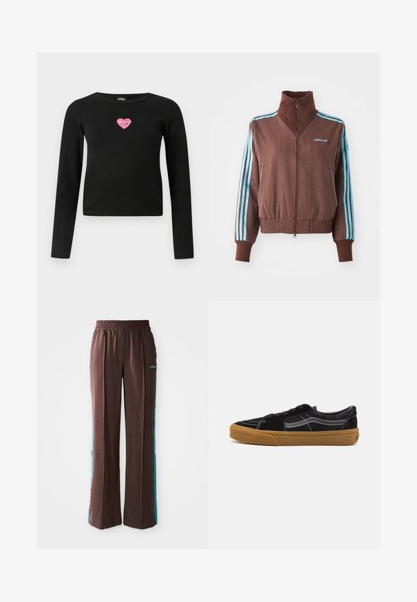 Hnedá zipsová bunda s rebrovanou textúrou, s tyrkysovými trojpruhovými akcentmi na pleciach a rukávoch, a vyšitým logom.; Čierny top s dlhým rukávom a priliehavým strihom. Na prednej strane sa nachádza ružová výšivka srdca so textom "Santa Cruz" uprostred.; Hnedé športové nohavice s rebrovou textúrou, elastickým pásom a tyrkysovými bočnými pruhmi. Na prednej strane sa nachádza logo adidas.; Čierne semišové tenisky s bielym prešívaním a podpisovou bočnou pruhou, s tan gumovou podrážkou a nízkym dizajnom. S šnúrkami v čiernej farbe.