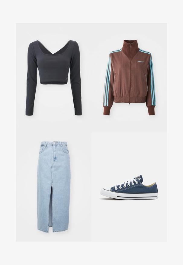 Pruun tõmblukk-jakk ribatud tekstuuriga, millel on türkiissinised kolmeribade aksessuaalid õlgadel ja varrukatel ning brodeeritud logo.; Pikendustega lühike topp tumehallist ribakangast. Omab sügavat V-kaelust ja ühtlast värvi, mille allääres on väike logo.; Heledad sinine teksaseelik, millel on ees lõhk, vöörihmade aukud ja klassikaline viie tasku disain. Sile tekstuur ja puhas viimistlus.; Tumesinised kanvasjalatsid valge silmade ja paeltega, millel on valge kummist varbakiirus ja must triibuline jooneäär.