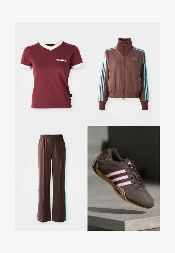 Brūns jaku ar pievilkšanas rāvējslēdzēju, ar ribu tekstūru, kam ir tirkīza trīs svītru akcenti uz pleciem un piedurknēm, kā arī izšūta logo.; Burgundijas V veida t-krekls ar baltām ribotām apmalēm uz apkakles un piedurknēm. Uz kreisā krūšu kabatas ir balts "Dickies" logo. Ražots no kokvilnas, pieguļošs dizains.; Brūni sporta bikses ar ribotu faktūru, elastīgu jostasvietu un tirkīza sānu svītrām. Priekšpusē ir adidas logo.; Brūni zamšādas sporta apavi ar rozā svītrām un logo, ar teksturētu virsmu, šņorēšanas aizdari un gumijas zoli.