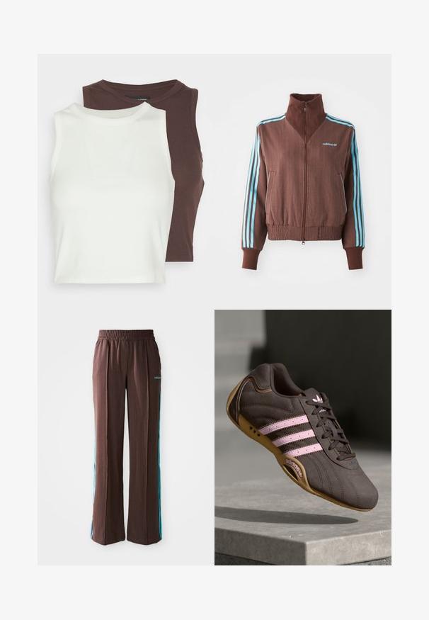 Ruda zip-up striukė su gumine tekstūra, turinti turkio spalvos tris juosteles ant pečių ir rankovių bei siuvinėtą logotipą.; Duomenys dviejų įrenginių su juostelėmis, be rankovių, baltos ir tamsiai rudos spalvos. Abu turi aukštą kaklą ir minkštą, tamprų audinį, puikiai tinkantį sluoksniavimui.; Rudos sportiniai kelniukai su raukšlėtu paviršiumi, elastinga juosta ir turkio spalvos šoninėmis juostelėmis. Priekyje yra adidas logotipas.; Rudos suedinės sportinės bateliai su rožinėmis juostelėmis ir logotipu, turintys tekstūruotą viršutinę dalį, raištelių uždarymą ir guminį padą.
