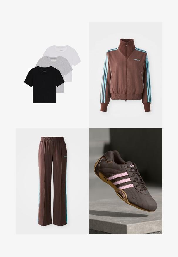 Chaqueta marrón con cremallera y textura acanalada, que presenta acentos de tres rayas turquesa en los hombros y las mangas, y un logotipo bordado.; Conjunto de tres camisetas de manga corta en negro, gris y blanco. Están hechas de algodón, cuentan con cuello redondo y un diseño simple de un solo color.; Pantalones deportivos marrones con textura acanalada, cinturilla elástica y rayas laterales turquesas. Presenta el logo de adidas en la parte frontal.; Zapatilla deportiva de ante marrón con rayas y logotipo en rosa, con parte superior texturizada, cierre de cordones y suela de goma.