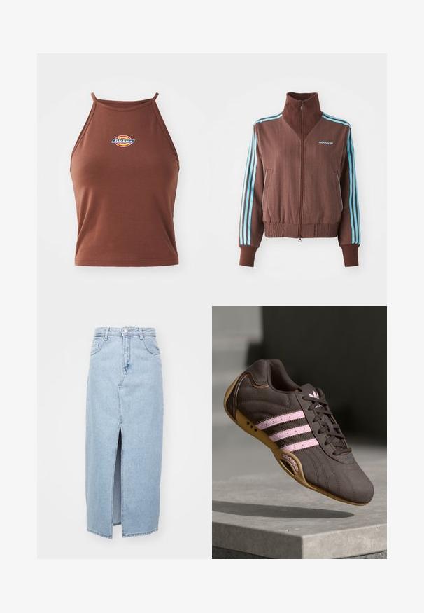 Brown zip-up jacket with a ribbed texture, featuring turquoise three-stripe accents on shoulders and sleeves, and an embroidered logo.; Brown sleeveless crop top made of stretchy fabric, featuring a colorful "Dickies" logo on the front and thin straps.; Light blue denim skirt featuring a front slit, belt loops, and classic five-pocket design. Smooth texture with a clean finish.; Brown suede athletic shoe with pink stripes and logo, featuring a textured upper, lace closure, and a gum rubber sole.