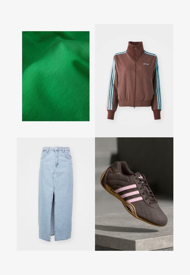 Giacca marrone con zip e texture a coste, dotata di accenti turchesi a tre strisce sulle spalle e sulle maniche, e un logo ricamato.; Tessuto verde testurizzato con un fine motivo a coste, che presenta caratteristiche di superficie liscia e morbida. Leggero lucore visibile.; Gonna in denim azzurro chiaro con spacco frontale, passanti per la cintura e classico design a cinque tasche. Tessuto liscio con una finitura pulita.; Scarpa atletica in suede marrone con strisce e logo rosa, dotata di una tomaia testurizzata, chiusura con lacci e suola in gomma color miele.