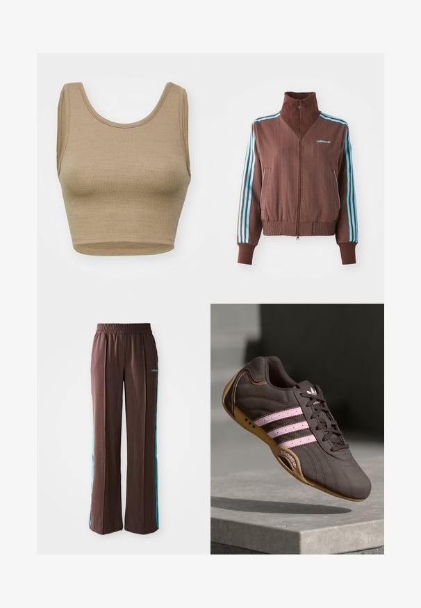 Smeđa jakna na zip s rebrastom teksturom, koja ima tirkizne trostruke akcentne pruge na ramenima i rukavima, te izvezeni logo.; Bežkratka top od teksturirane pletene tkanine s okruglim izrezom i širokim otvorima za ruke, s čistim, jednostavnim krojem i bez zakopčavanja.; Smeđe atletske hlače s rebrastom teksturom, elastičnim pojasom i tirkiznim bočnim trakama. Na prednjem dijelu nalazi se adidas logo.; Smeđi suedeski atletski tenisice s ružičastim prugama i logotipom, s teksturiranim gornjim dijelom, vezanjem na vezice i gumiranim potplatom.