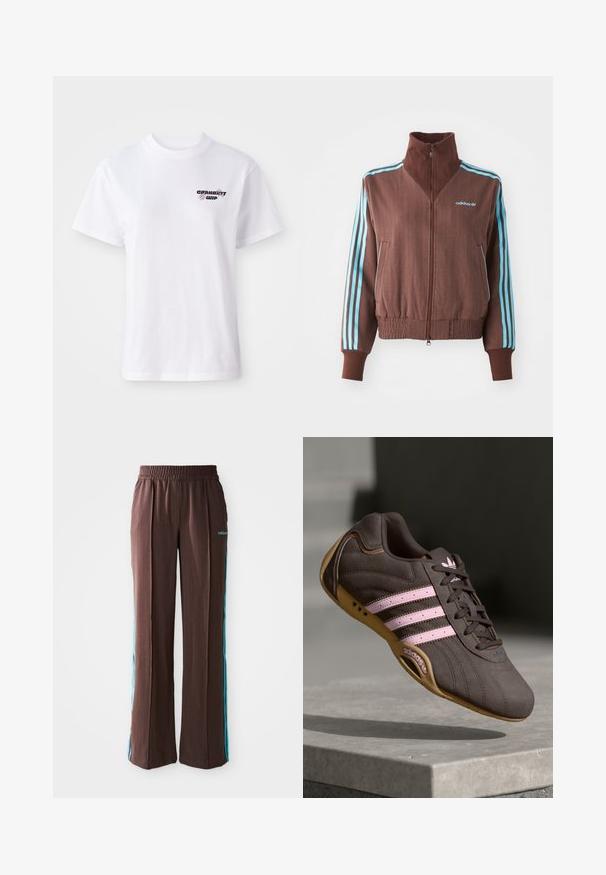 Barna cipzáras dzseki bordázott textúrával, türkiz színű háromcsíkos díszítéssel a vállakon és ujjakon, valamint hímzett logóval.; Fehér, rövid ujjú, kerek nyakú póló, bal mellen kicsi fekete és lila Carhartt WIP logóval.; Barna sportnadrág bordázott textúrával, rugalmas derékpánttal és türkiz oldalsávokkal. Az elején az adidas logóval rendelkezik.; Barna velúr sportcipő rózsaszín csíkokkal és logóval, texturált felsőrésszel, fűzős záródással és gumi talppal.