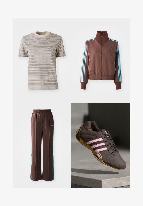 Barna cipzáras dzseki bordázott textúrával, türkiz színű háromcsíkos díszítéssel a vállakon és ujjakon, valamint hímzett logóval.; Csíkos, rövid ujjú póló bézs és krém színben. Kerek nyakú, kontrasztos gallérral és textúrált anyagmintával rendelkezik.; Barna sportnadrág bordázott textúrával, rugalmas derékpánttal és türkiz oldalsávokkal. Az elején az adidas logóval rendelkezik.; Barna velúr sportcipő rózsaszín csíkokkal és logóval, texturált felsőrésszel, fűzős záródással és gumi talppal.