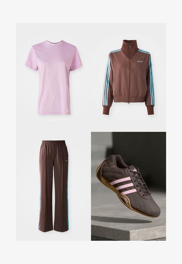 Brown zip-up jacket with a ribbed texture, featuring turquoise three-stripe accents on shoulders and sleeves, and an embroidered logo.; Light pink short-sleeve t-shirt with a round neckline, featuring the text "THE NORTH FACE" in white on the collar. Soft cotton material.; Brown athletic pants with a ribbed texture, elastic waistband, and turquoise side stripes. Features the adidas logo on the front.; Brown suede athletic shoe with pink stripes and logo, featuring a textured upper, lace closure, and a gum rubber sole.