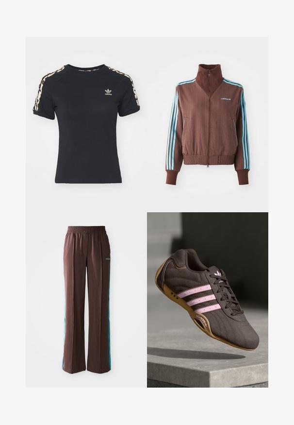 Hnedá zipsová bunda s rebrovanou textúrou, s tyrkysovými trojpruhovými akcentmi na pleciach a rukávoch, a vyšitým logom.; Čierne bavlnené tričko s krátkymi rukávmi, s pruhovanými bočnými pásmi a malým vyšitým logom na hrudi. Dizajn s elastickým strihom.; Hnedé športové nohavice s rebrovou textúrou, elastickým pásom a tyrkysovými bočnými pruhmi. Na prednej strane sa nachádza logo adidas.; Hnedé semišové športové topánky s ružovými pruhmi a logom, s textúrovaným vrchom, šnurovaním a gumovou podrážkou.