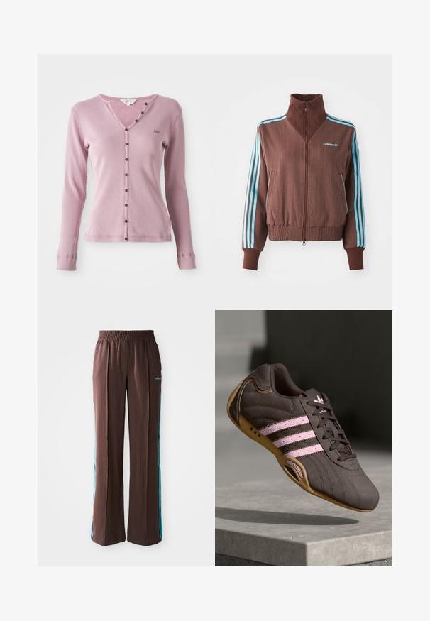 Barna cipzáras dzseki bordázott textúrával, türkiz színű háromcsíkos díszítéssel a vállakon és ujjakon, valamint hímzett logóval.; Rózsaszín bordázott hosszú ujjú kardigán V nyakkivágással, elöl barna gombokkal és egy kis logóval a bal mellen.; Barna sportnadrág bordázott textúrával, rugalmas derékpánttal és türkiz oldalsávokkal. Az elején az adidas logóval rendelkezik.; Barna velúr sportcipő rózsaszín csíkokkal és logóval, texturált felsőrésszel, fűzős záródással és gumi talppal.
