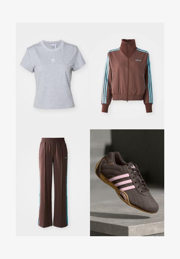 Hnedá zipsová bunda s rebrovanou textúrou, s tyrkysovými trojpruhovými akcentmi na pleciach a rukávoch, a vyšitým logom.; adidas Originals ESS SLIM - Základné tričko - medium grey heather; Hnedé športové nohavice s rebrovou textúrou, elastickým pásom a tyrkysovými bočnými pruhmi. Na prednej strane sa nachádza logo adidas.; Hnedé semišové športové topánky s ružovými pruhmi a logom, s textúrovaným vrchom, šnurovaním a gumovou podrážkou.