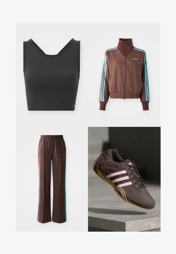 Pruun tõmblukk-jakk ribatud tekstuuriga, millel on türkiissinised kolmeribade aksessuaalid õlgadel ja varrukatel ning brodeeritud logo.; Mustmustükk musta värvi, tekstureeritud kangaga, laiad rihmad ja V-kujuline seljadesain. Omab minimalistlikku esteetikat ja peent logo detaili.; Pruunid spordipüksid, millel on soonikkoes, elastne vöökoht ja türkiissinised külje triibud. Esiosas on adidas logo.; Pruunist nahast sportlik king, millel on roosa triip ja logo, tekstureeritud ülemine osa, paeltesulgur ning kummist tallad.
