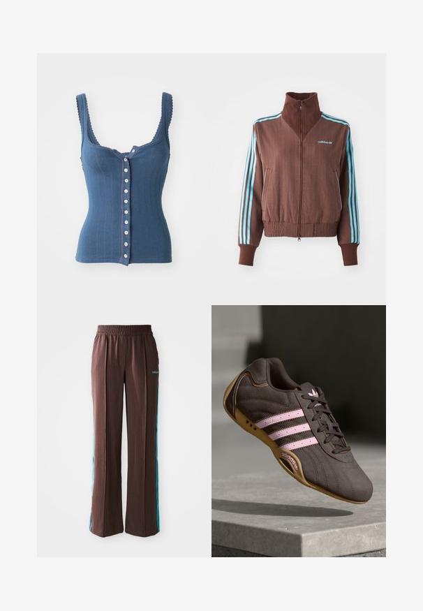 Casaco castanho com fecho éclair e textura canelada, apresentando detalhes em turquesa com três riscas nos ombros e mangas, além de um logótipo bordado.; Free People END GAME POINTELLE TANK - Top - indigo; Calças atléticas castanhas com uma textura canelada, cintura elástica e riscas laterais turquesa. Apresentam o logo da adidas na frente.; Sapatilha atlética de camurça castanha com riscas e logótipo rosa, apresentando um upper texturizado, fecho de atacadores e uma sola de borracha de goma.