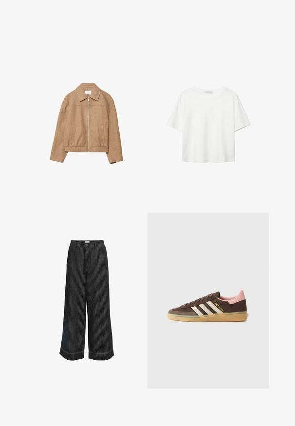 Smeđi jakna s ovratnikom, s patentnim zatvaračem sprijeda, elastičnim pojasom i bočnim džepovima. Izrađena od teksturiranog materijala, s opuštenim krojem i minimalnim dizajnom.; Bijela majica kratkih rukava od pamuka. Ima okrugli izrez i opušteni kroj. Glatka tekstura bez vidljivih uzoraka ili naglasaka.; Crno-bijele prugaste široke hlače s kopčanjem na dugme, koje imaju udoban kroj i kontrastno šivanu obrubu.; adidas Originals HANDBALL SPEZIAL UNISEX - Tenisice - dark brown/alumina/wonder mauve