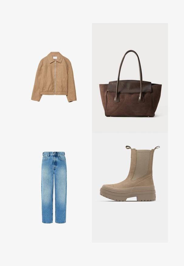 Smeđi jakna s ovratnikom, s patentnim zatvaračem sprijeda, elastičnim pojasom i bočnim džepovima. Izrađena od teksturiranog materijala, s opuštenim krojem i minimalnim dizajnom.; Bijela pamučna majica s crnim grafikom basset hounda i natpisom "IMAO TEŠAK DAN? SVE SLUŠAM!" u podebljanoj oznaci. Kratki rukavi.; Svijetloplavi traperice s ravnim nogavicama, visokim strukom, prednjim džepovima i kopčanjem na gumb. Imaju blago izblijeđeli izgled i bez ukrasa.; Smeđi gležnjači s glatkim anteksom, mrežastim detaljima, elastičnim bočnim panelima i debelim gumenim potplatom s uzorkom.; Smeđa suđena torba za ramena s čvrstim dizajnom, glatkim kožnim detaljima, produženim ručkama i suptilnim kontrastnim šavovima.