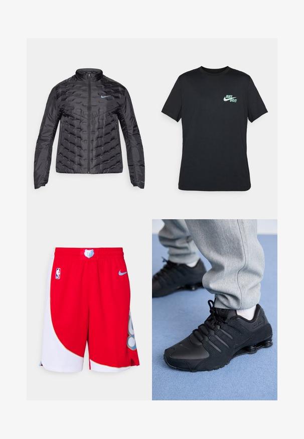 Pūkuota juoda striukė su užtrauktuku priekyje, stovinčiu apykakle ir mėlynu logotipu ant krūtinės. Lygus, blizgus audinys su siuvinėta tekstūra ir šoninėmis kišenėmis.; Juoda medvilnės marškinėliai trumpomis rankovėmis ir apvalia iškirpte, su šviesiai mėlyna "Just Do It" logotipu viršutiniame kairiajame krūtinės kampe.; Nike Performance NBA MEMPHIS GRIZZLIES SHORTS - Sporto klubų atributika - university red/light blue; Asmuo vilkintis juodas Nike Shox sportbačius ir pilkas treningo kelnes stovi ant šviesiai mėlynos kiliminės dangos.