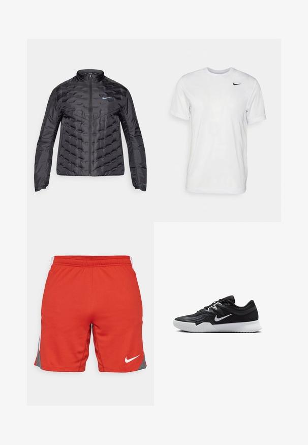 Nafučena črna jakna z zadrgo spredaj, stoječim ovratnikom in modrim logotipom na prsih. Gladek, sijoč material z prešito teksturo in stranskimi žepi.; Bela kratka majica s kratkimi rokavi, izdelana iz gladkega materiala. Ima okroglo ovratnico in majhen črn Nike logotip na levi prsni strani.; Rdeči športni šorti z teksturirano površino, z sivimi stranskimi akcenti in belim logotipom Nike na spodnji levi strani. Elastičen pas.; Črne atletske čevlje z teksturirano zgornjico, belim Nike znakom in belim gumijastim zunanjim podplatom. Imajo vezalni dizajn in dinamično obliko.