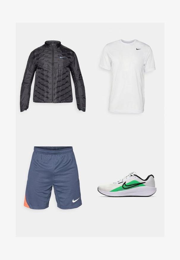 Puffy čierna bunda so zipsom vpredu, stojatým golierom a modrým logom na hrudi. Hladká, lesklá tkanina s prešívanou textúrou a bočnými vreckami.; Biela krátka tričko s krátkymi rukávmi vyrobené z hladkej látky. Má okrúhly výstrih a malé čierne logo Nike na ľavej hrudi.; Námornícky modré športové šortky s oranžovým akcentom na ľavej strane. Vyrobené z ľahkého materiálu s elastickým pásom a bielym logom.; Biela športová obuv s zeleným akcentom, čiernym logom, sieťovaným zvrškom, polstrovanou podrážkou a zaoblenou pätou. Obsahuje šnúrky a kontrastné detaily.