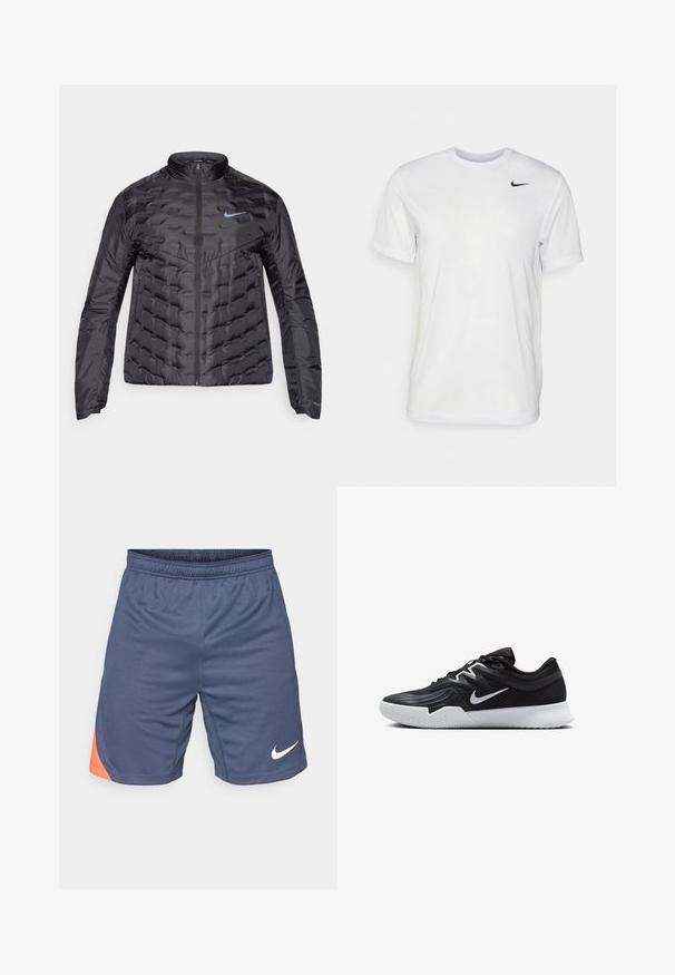 Dikke zwarte jas met een rits aan de voorkant, staande kraag en blauw logo op de borst. Glad, glanzend materiaal met een gequiltte structuur en zijzakken.; Witte korte mouwen t-shirt gemaakt van gladde stof. Voorzien van een ronde hals en een klein zwart Nike-logo op de linkerborst.; Marineblauwe sportshorts met een oranje accent aan de linkerkant. Gemaakt van lichtgewicht stof met een elastische tailleband en een logo in het wit.; Zwarte sportieve schoen met een gestructureerde bovenkant, witte Nike swoosh en een witte rubberen zool. Beschikt over een veterontwerp en een dynamische vorm.