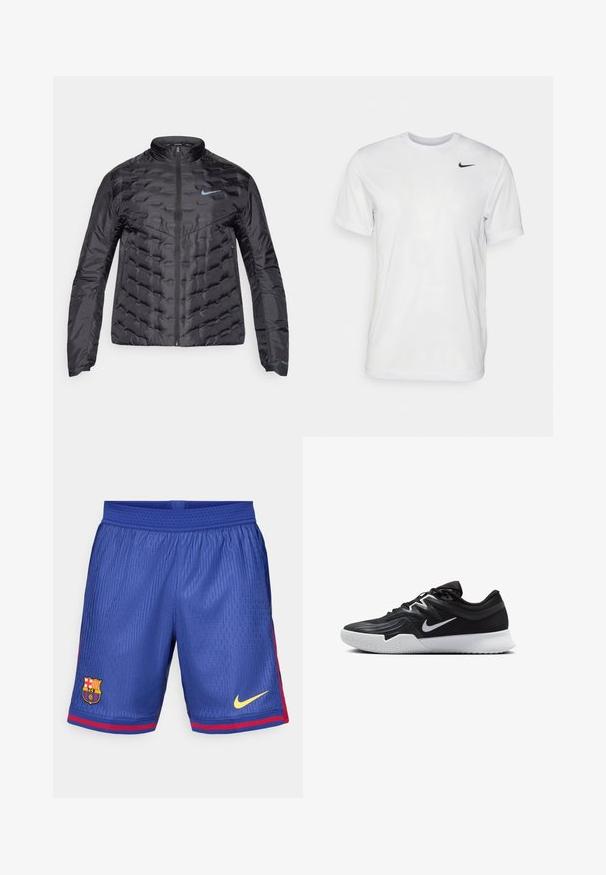 Nabijena crna jakna s patentnim zatvaračem sprijeda, stajaćim ovratnikom i plavim logotipom na prsima. Glatka, sjajna tkanina s kvadratnim uzorkom i bočnim džepovima.; Bijela kratkotrajna majica s kratkim rukavima izrađena od glatkog materijala. Ima okrugli izrez i mali crni Nike logo na lijevoj strani prsnog koša.; Plave nogometne kratke hlače od mrežaste tkanine, sa prugaškim crvenim bočnim naglaskom, Barceloninim logotipom i žutom Nikeovom oznakom.; Crna sportska cipela s teksturiranim gornjim dijelom, bijelim Nike swooshom i bijelim gumennim potplatom. Ima dizajn s vezanjem i dinamičan oblik.