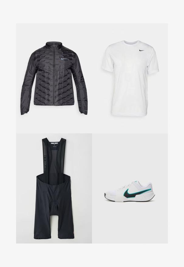 Flauschige schwarze Jacke mit durchgehendem Reißverschluss, Stehkragen und blauem Logo auf der Brust. Glattes, glänzendes Material mit gesteppter Textur und seitlichen Taschen.; Weißes T-Shirt mit kurzen Ärmeln aus glattem Stoff. Verfügt über einen runden Halsauschnitt und ein kleines schwarzes Nike-Logo auf der linken Brust.; Schwarze Radsport-Bib-Shorts mit Netzträgern, elastischem Material, gepolstertem Sitzbereich und Logodetail am Saum. Leichtes und körpernahes Design.; Weißer Sportschuh mit strukturiertem Mesh-Obermaterial, schwarzer Gummisohle und türkisfarbenem Nike-Swoosh-Akzent. Verfügt über Schnürsenkel und gepolsterten Kragen.