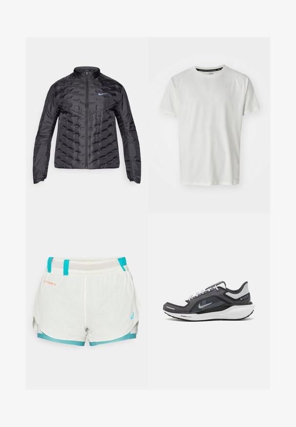 Puffy black jacket with a zip front, stand collar, and blue logo on the chest. Smooth, shiny fabric with quilted texture and side pockets.; ASICS GAME - Basic T-shirt - cream; Lightweight, mesh-lined shorts in white with turquoise accents. Features grid pattern, drawstring waist, and side slits for mobility.; Black and gray athletic shoe with a mesh upper, reflective accents, and a white midsole. Features textured rubber outsole and laces.