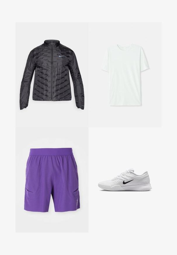 Puffīga melna jaka ar rāvējslēdzēju priekšpusē, stāvošu apkakli un zilu logotipu uz krūtīm. Gluda, spīdīga auduma ar izšūtu tekstūru un sānu kabatām.; Gai mints zaļš īsu piedurkņu T-krekls, izgatavots no mīkstas auduma. Tam ir apaļa kakla izgriezuma forma un vienkāršs, taisns griezums bez rotājumiem.; Violeta sporta šorti ar elastīgu jostu, divām sānu kabatām un gludu tekstūru. Vienkāršs dizains ar logotipu apakšējā priekšpusē.; Baltas sporta apavi ar teksturētu sietiņu, melns Nike zīmols, polsterētas apkakles un gumijas zole ar profilu.