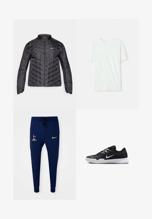 Chaqueta negra acolchada con cremallera frontal, cuello alzado y un logo azul en el pecho. Tela suave y brillante con textura acolchada y bolsillos laterales.; Camiseta de manga corta en verde menta claro, hecha de tela suave. Presenta un cuello redondo y un corte recto simple, sin adornos.; Pantalones de chándal azul marino con un logo bordado en la parte superior de la pierna izquierda y un pequeño swoosh amarillo de Nike en la parte inferior de la pierna derecha.; Zapatilla deportiva negra con parte superior texturizada, logo de Nike en blanco y suela de goma blanca. Tiene un diseño con cordones y una forma dinámica.