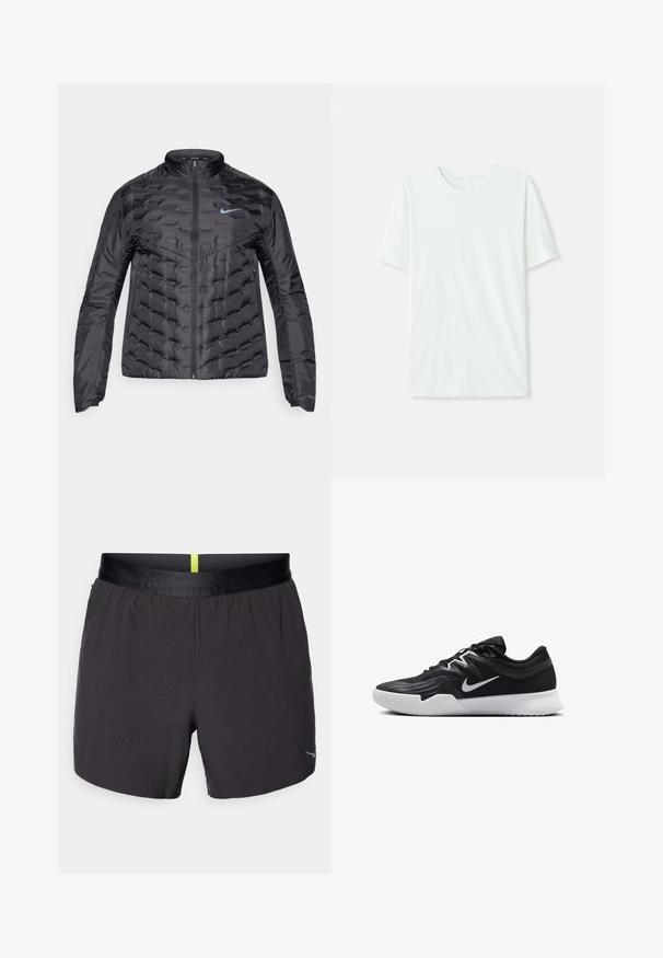 Puffat musta takki, jossa on vetoketju edessä, pystykaulus ja sininen logo rinnassa. Sileä, kiiltävä kangas, jossa on tikattu rakenne ja sivutaskut.; Vihreä mintun värinen lyhythihainen t-paita, joka on valmistettu pehmeästä kankaasta. Siinä on pyöreä kaula-aukko ja yksinkertainen, suora leikkaus ilman koristeita.; Musta urheilusortsi sileällä pinnalla, joustava vyötärö, jossa on keltainen yksityiskohta, ja pieni logo alareunassa oikealla puolella.; Musta urheilukenkä, jossa on teksturoitu päällinen, valkoinen Nike-tikkaus ja valkoinen kumipohja. Kenkässä on nauhakuji ja dynaaminen muoto.